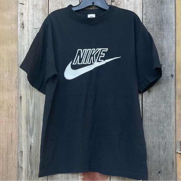 Vintage 1994 NIKE Embroidered Spell Out Leather Swoosh Shirt Made in USA Large - Picture 4 of 7